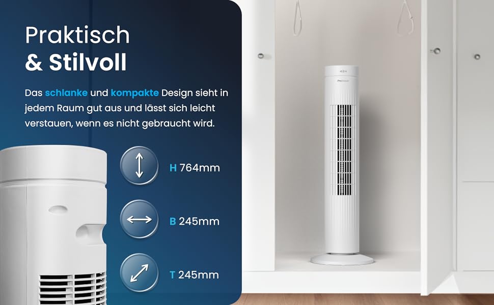 Турбовентилятор Pro Breeze з пультом керування, 76 см, коливання 65°, таймер, 3 швидкості – потужний та енергоефективний, тихий вентилятор для спальні та офісу, білий