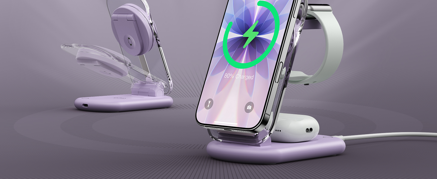 Зарядний пристрій MagSafe 3-в-1 для Apple Watch та iPhone: фіолетовий колір. Підходить для iPhone 17, 16, 15, 14, 13, 12 Pro Max/Air/Plus/Pro та Apple Watch 10/9, Airpods 3/2/Pro