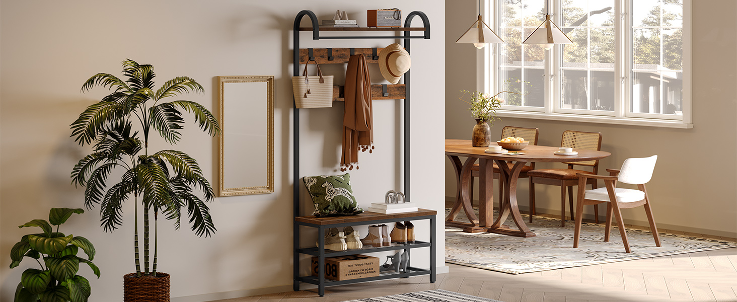 HOOBRO Coat Rack, Wardrobe Rack, Shoe Shelf with Seating, Clothes Rack with 9 Hooks, Bench, Clothes Rail, 182 cm High, Entrance Hall, Living Room, Metal Frame, Vintage Brown-Black EBF13MT01