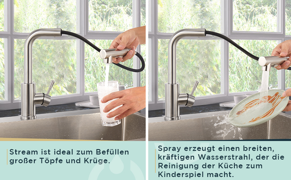Змішувач кухонний FORIOUS з висувною лійкою та душем, 360° обертання, 2 режими, нержавіюча сталь