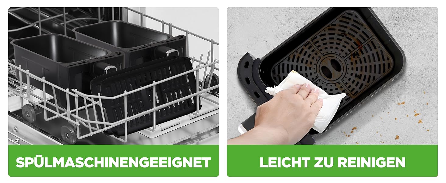 Фритюрниця NutriChef з гарячим повітрям, XXL 8л, подвійна камера, вікно, max 360°C, 9 програм, антипригарне покриття, придатна для миття в посудомийній машині, приготування без жиру, фритюрниця, гриль, духовка, 1700W, 8л, чорний