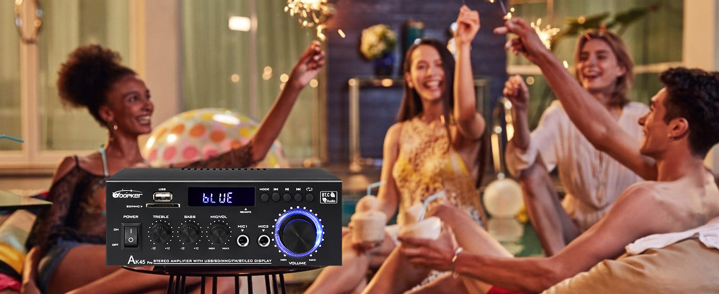 HiFi підсилювач WOOPKER AK45 Pro, 500 Вт, Bluetooth, 2-канальний, стерео, міні аудіо ресивер з FM-радіо, USB/SD/AUX/RCA/MIC входами, 12В/220В для колонок