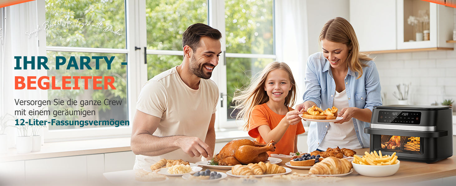 Електрична фритюрниця без олії, 12L, з подвійним відсіком, сенсорний екран, 10 програм, чорна