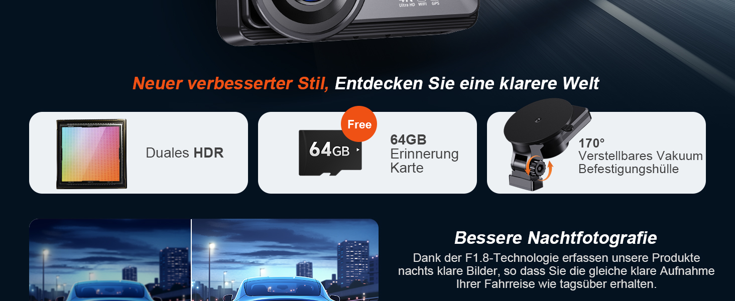 Відеореєстратор COOLCRAZY Dashcam Auto: 4K UHD, Dual камера, GPS, WiFi, 64GB SD-карта, IPS 3