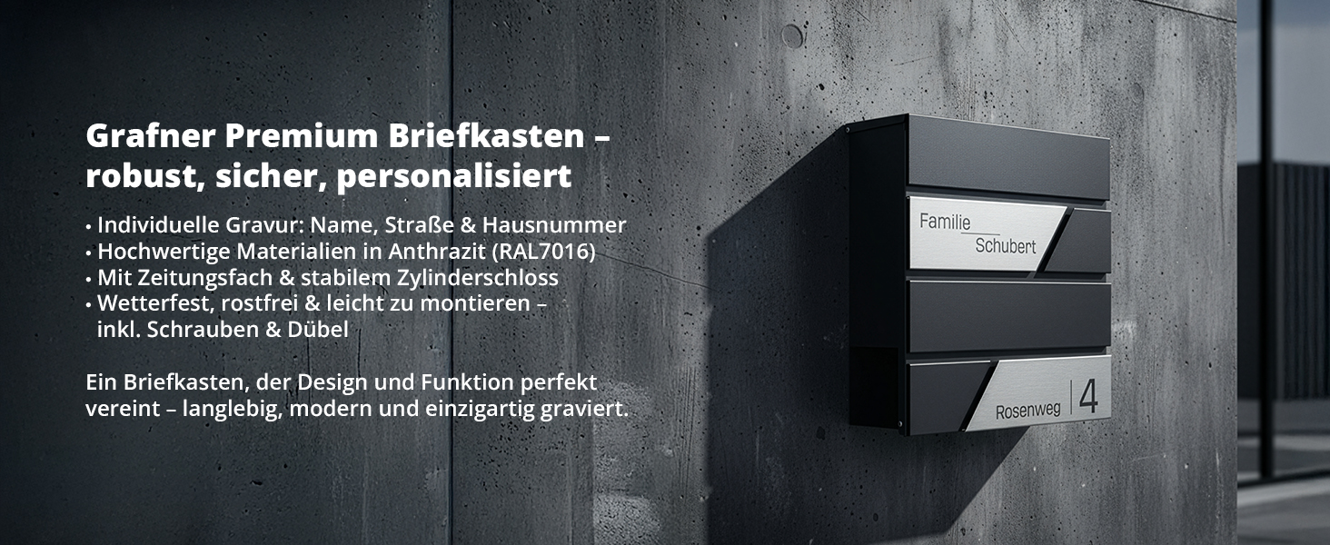 Поштовий ящик Grafner Premium персоналізований RAL 7016 з газетницею та 2 ключами, антрацитовий, з гравіюванням (ім'я, вулиця, номер будинку), комплект для монтажу