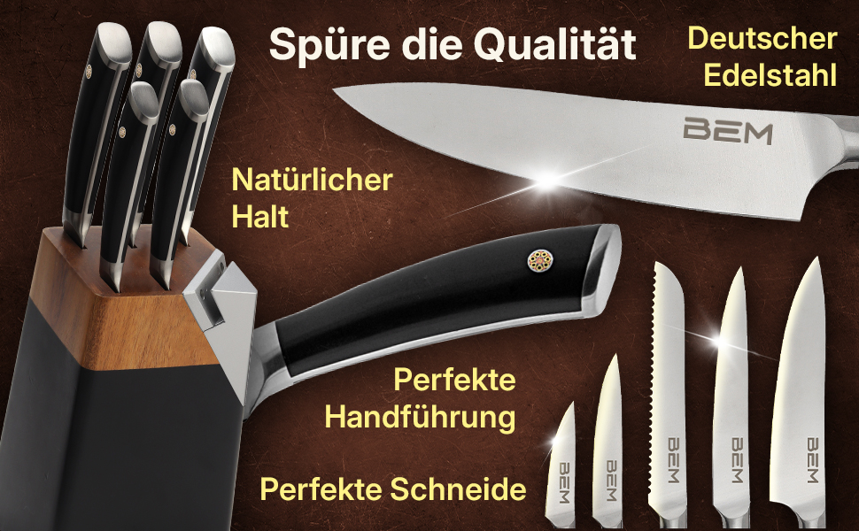 Набір кухонних ножів BEM Master Chef 6 шт. з підставкою: кухонний ніж, ніж для овочів, ніж для нарізки, універсальний ніж, ніж для хліба; шліфувальник, нержавіюча сталь