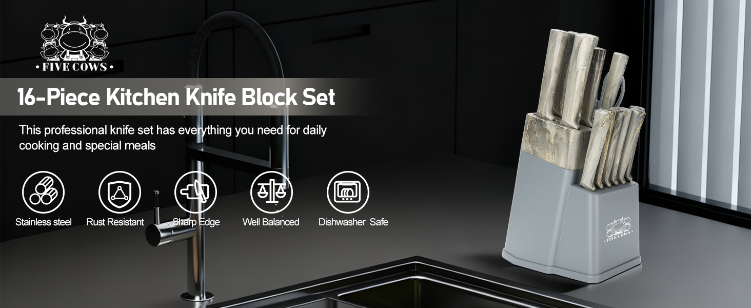 Набір кухонних ножів Messerblock з 16 частинами, з дерев'яною підставкою, дощечкою, захистом пальців, точилкою та кухонними ножицями, професійний набір ножів для дому (зелений, блакитний)