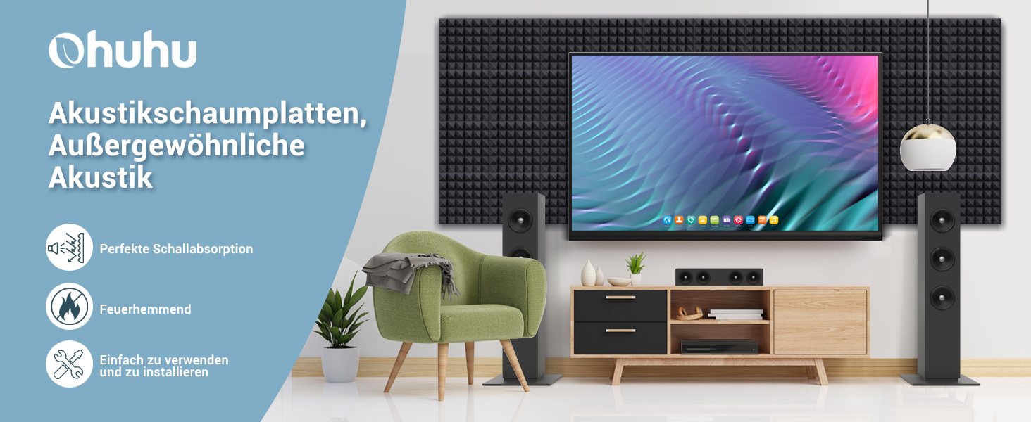 Акустичні пірамідні панелі Ohuhu для звукоізоляції, шумопоглинаючий поролон 30x30x5 см, 24 шт. (для студії, подкастів, YouTube)