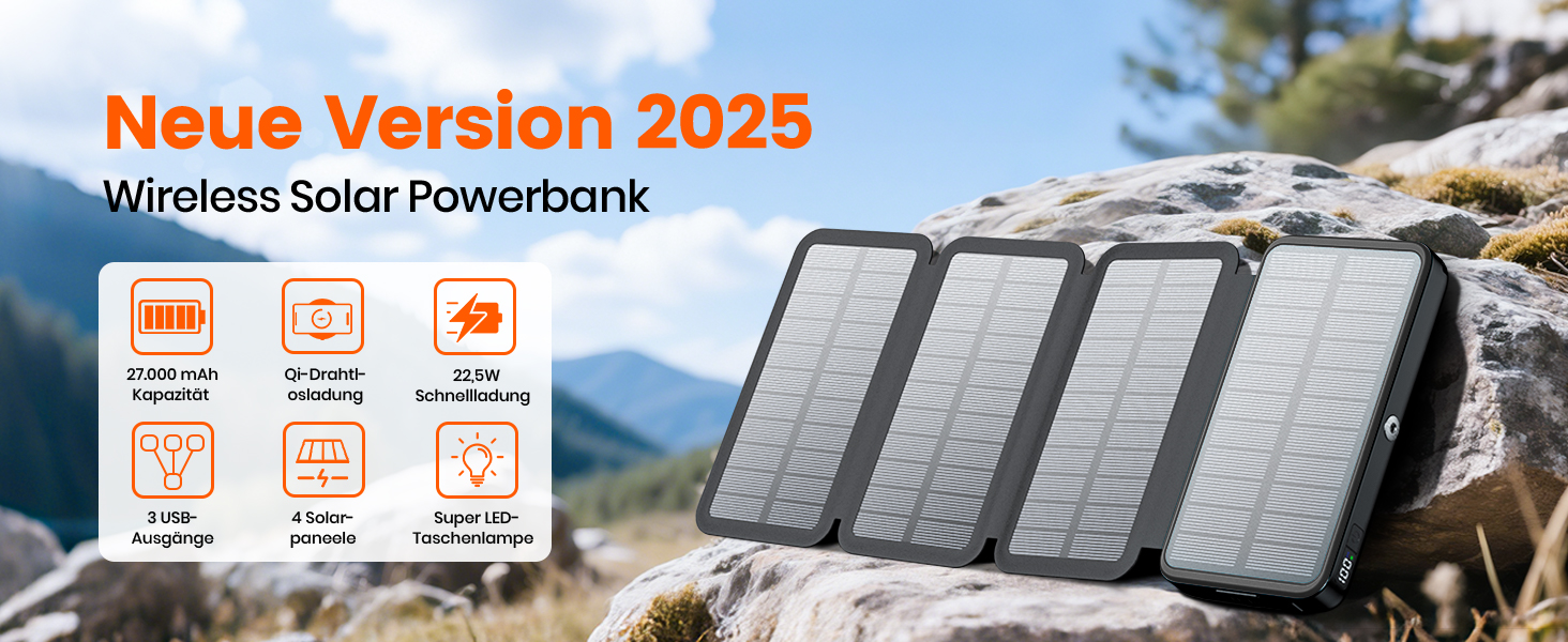 Power bank FEELLE 27000mAh з сонячною зарядкою та швидкою зарядкою 22.5W USB-C, чорний