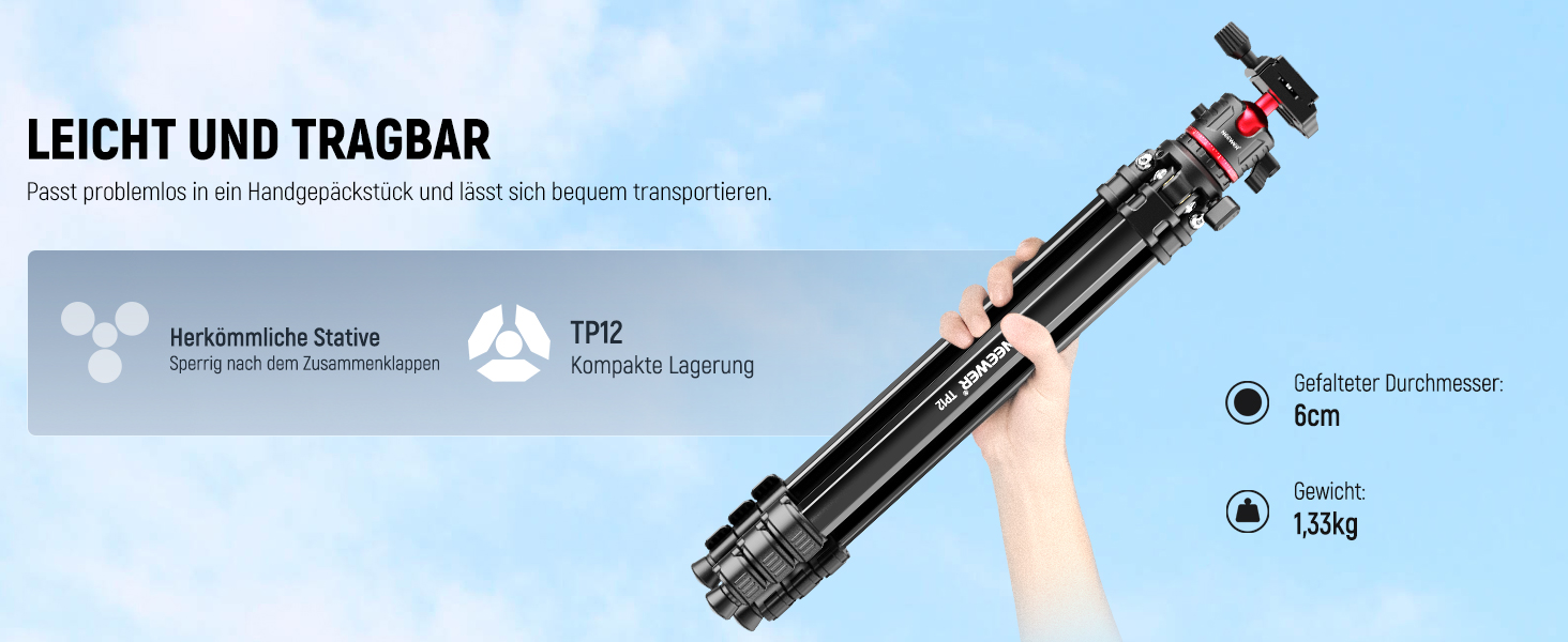 NEEWER Штатив для камери 169см, легкий, з кульковою головкою, Arca тип, тримач для телефону, максимальне навантаження 11lb, TP12