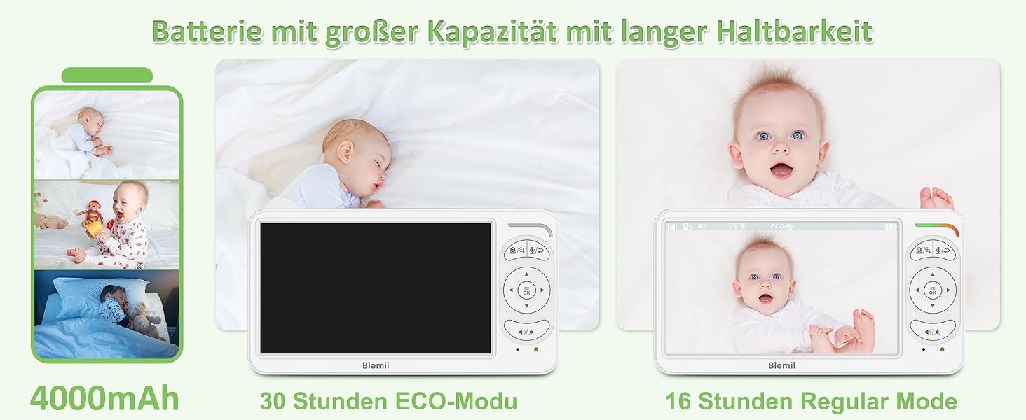 Відеоняня Blemil BL9064 з камерою, 6-дюймовий IPS дисплей, акумулятор 3000 mAh, ECO-режим, авто-нічне бачення, 2-сторонній аудіо, радіус дії 300 м, розпізнавання плачу