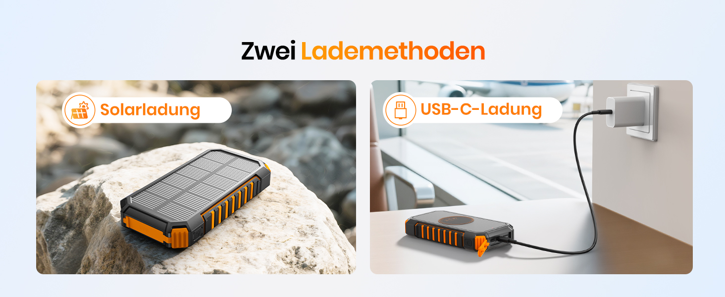 Power Bank ADDTOP 20000mAh сонячна бездротова з USB-C, швидка зарядка 3.0A, ліхтарик для кемпінгу, помаранчевий