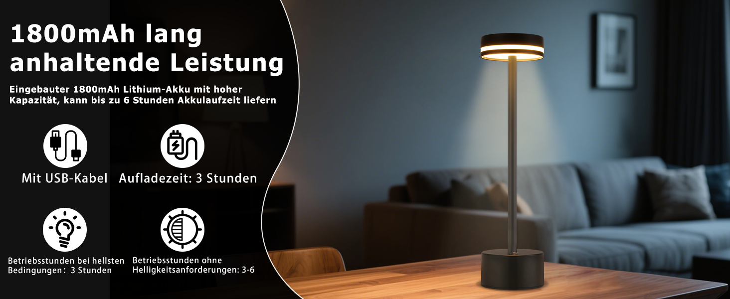Настільна LED лампа акумуляторна 2 в 1 Schwarz - бездротова нічна лампа з димером, USB-C зарядка, сенсорне керування, для спальні, вітальні, офісу - чорна