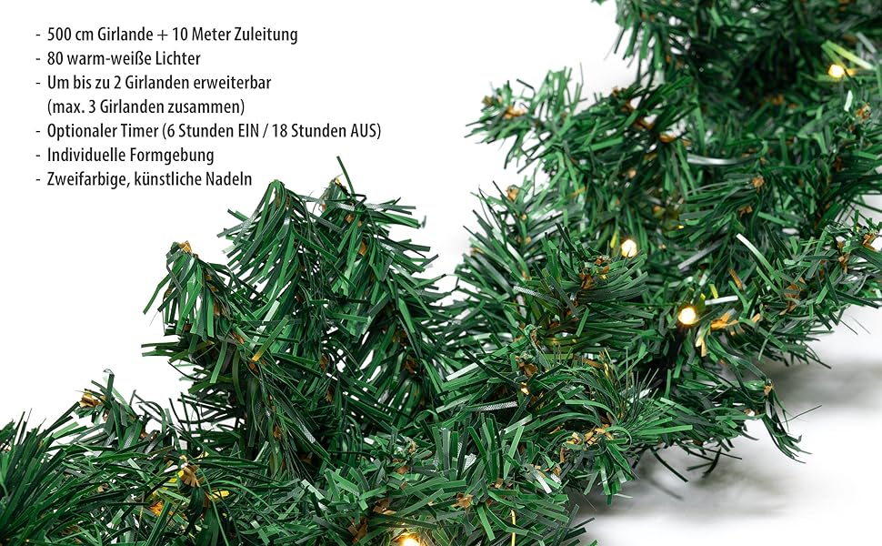 Декоративна гірлянда з LED-підсвічуванням 5 метрів (80 LED), розширювана, на батарейках, з таймером, 10 метрів дроту, для дому та саду, штучна, тепле біле світло