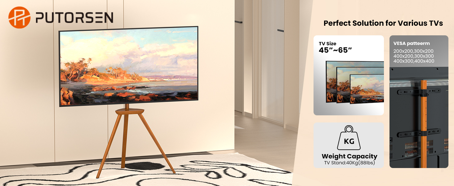 Підставка для телевізора PUTORSEN з дерева, регульована по висоті, для TV 45-65 дюймів, до 40 кг, поворотна на 45 градусів, VESA до 400x400 мм