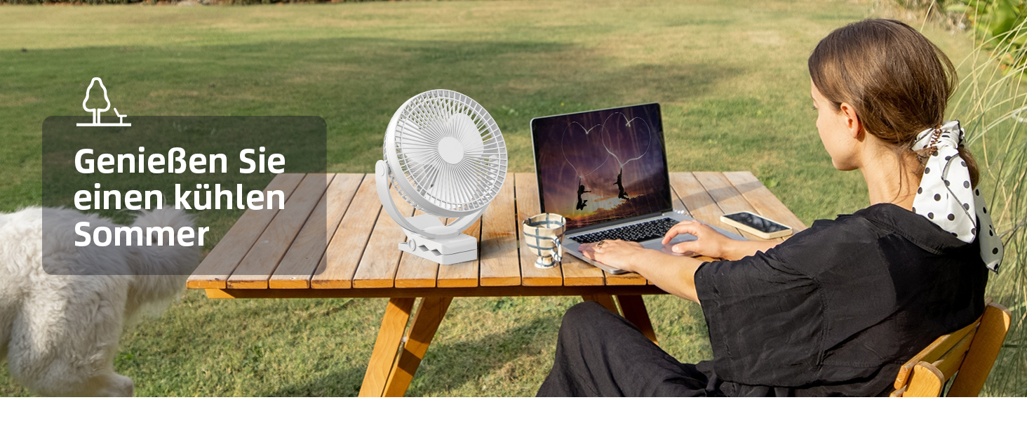 Вентилятор Koonie 10000 mAh з кліпсою, 20 см, портативний USB, акумуляторний, 4 швидкості, 360° оберт, тихий, для дому, офісу, дитячої коляски, кемпінгу, гроубокса (білий)