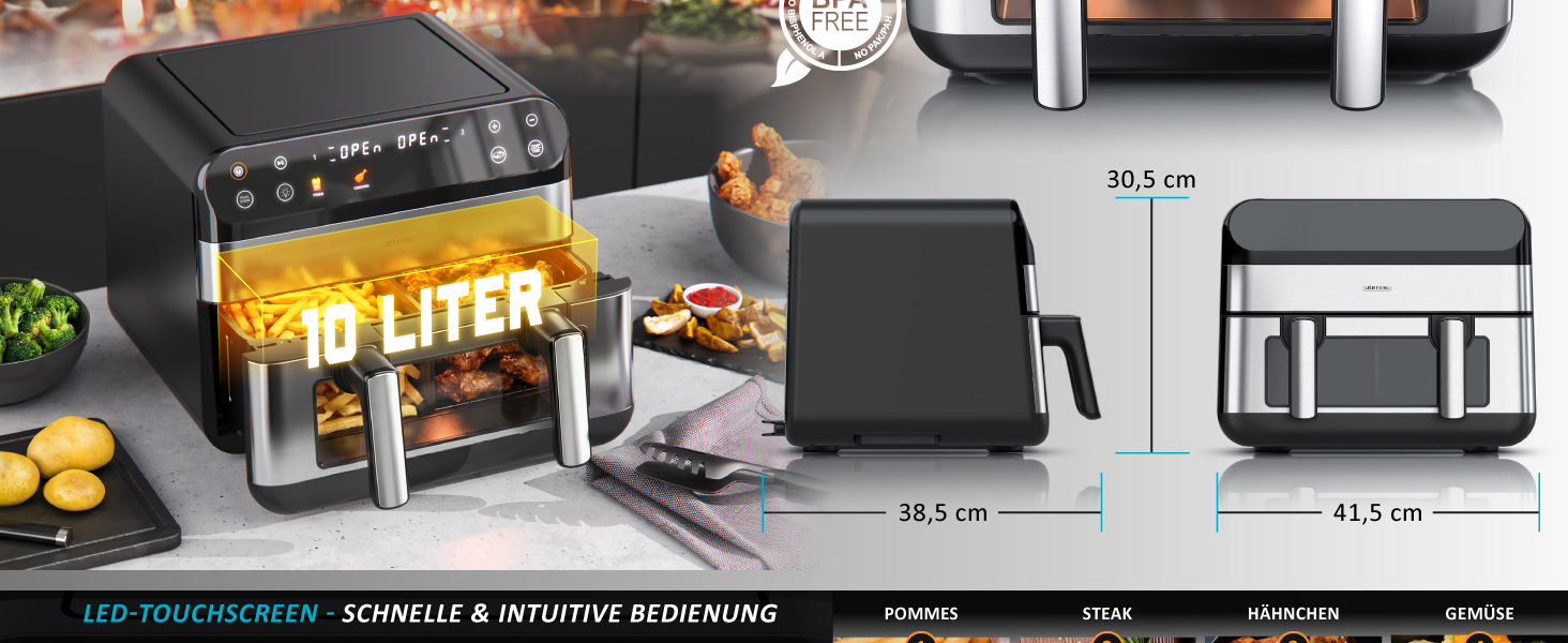 Аерофритюрниця Arendo XXL 10л з двома камерами - мультипеч, гриль, сушарка для продуктів. Фритюрниця без олії для піци, курки, картоплі фрі