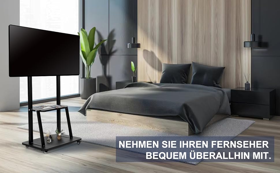 Підставка для телевізора на колесах, мобільний телевізійний візок для 32-75 дюймів LED/LCD/OLED, регульована по висоті, чорна, з полицями для ноутбука та DVD