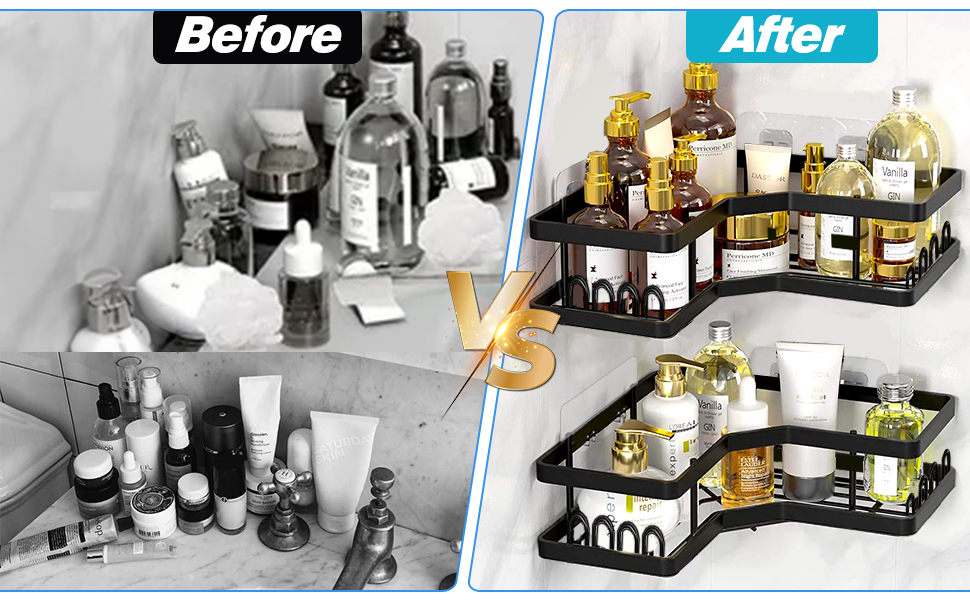 Набір з 4 полиці для душу без свердління, чорний, з мильницею та гачками, нержавіюча сталь, для ванної кімнати та кухні