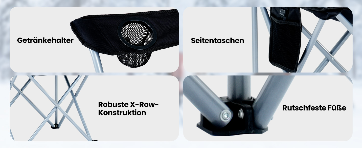 Кемпінговий стілець розкладний (до 200 кг) з подушкою 6 см - великий стілець для риболовлі, кемпінгу, саду та фестивалів. Міцний стілець з бічними кишенями та сумкою для транспортування (чорно-сірий, поодинокий)