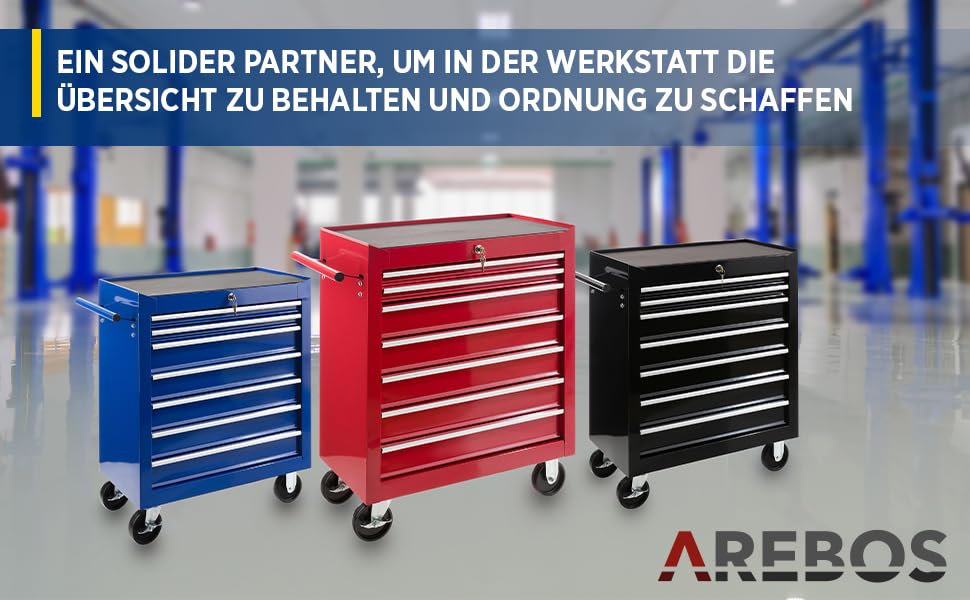 Arebos 7-Drawer Tool Cart | Central Locking Tool Wagon with 2 Keys & Anti-Slip Mats | Ball Bearing Drawers | 2 Wheels with Brake | (Red)