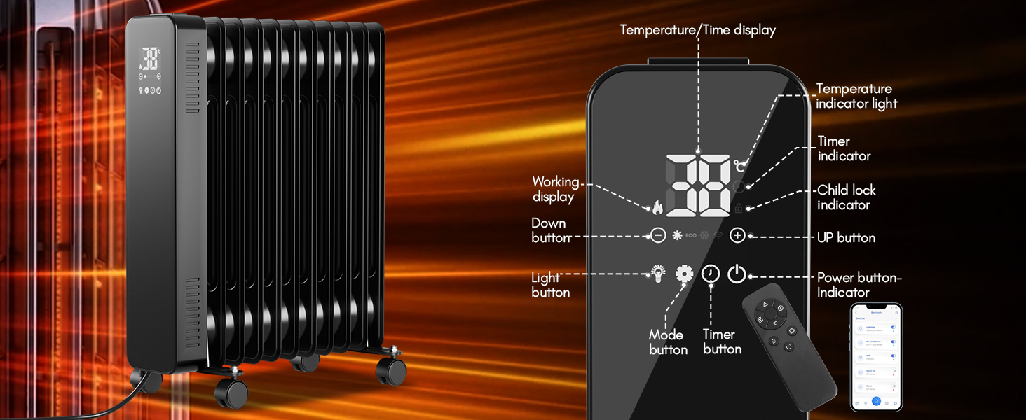 Масляний радіатор Fiqops 2500W з WiFi, термостатом та пультом керування, 11 ребер, 3 режими нагріву, захист від перегріву, білий