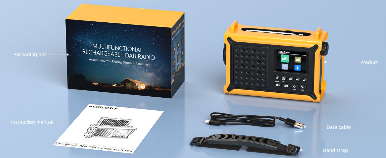 Сонячне радіо Solar Radio з ручкою, 12000mAh, DAB/DAB+/UKW, радіо для надзвичайних ситуацій з сонячною панеллю 8500мм² та ручкою 650mA, радіо з динамо, Bluetooth, ліхтарик та зарядний пристрій USB, для кемпінгу, надзвичайних ситуацій (жовте)