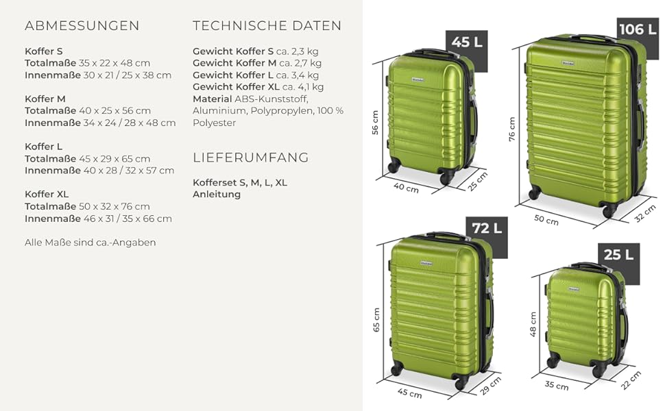 Набір валіз Tectake® 4 шт. з TSA замком, жорсткий корпус, набір ролерів, ABS, 4 колеса, 360°, телескопічна ручка - зелений