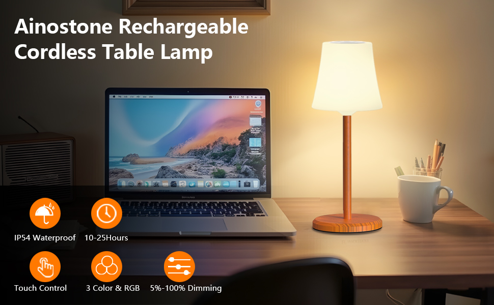Настільна лампа бездротова LED 2 шт, акумуляторна, з регулюванням кольору та яскравості, сенсорне управління, водонепроникна IP54 для спальні, вітальні, балкону