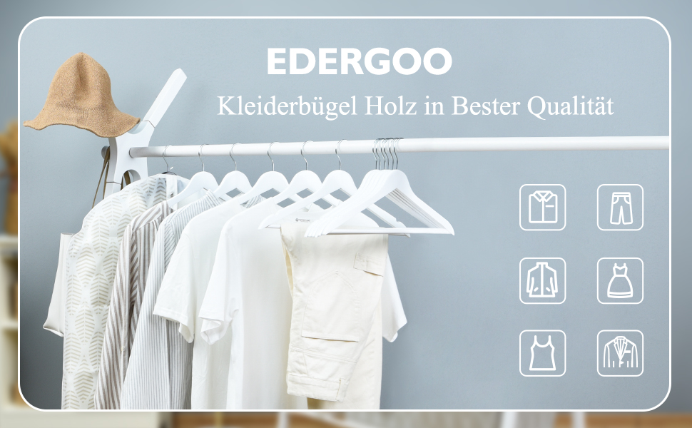 Дерев'яні вішалки Edergoo 20 шт, білі, гладка поверхня, обертаються на 360°, з виїмками для плечей, міцні та тонкі, для одягу дорослих, 43,5 см