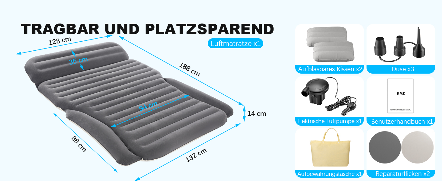 Надувна повітряна матрац для авто SUV, вантажівки та кемпінгу KMZ – портативне, товсте ліжко для автомобіля з електропомпою та 2 подушками