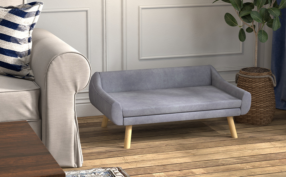 Диван для собак та котів PawHut з підлокітником, сірий, 102 x 58,5 x 42,5 см. З м'якими подушками, для середніх та великих собак