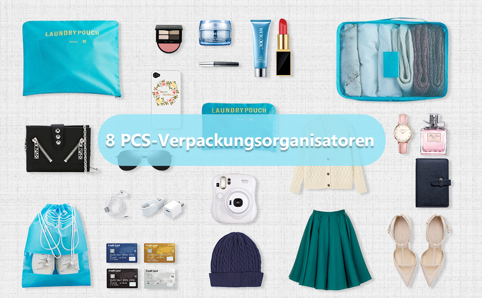 Органайзер для валізи Vicloon 8-в-1: комплект для подорожей, водонепроникні сумки для одягу, взуття та косметики (світло-блакитний)