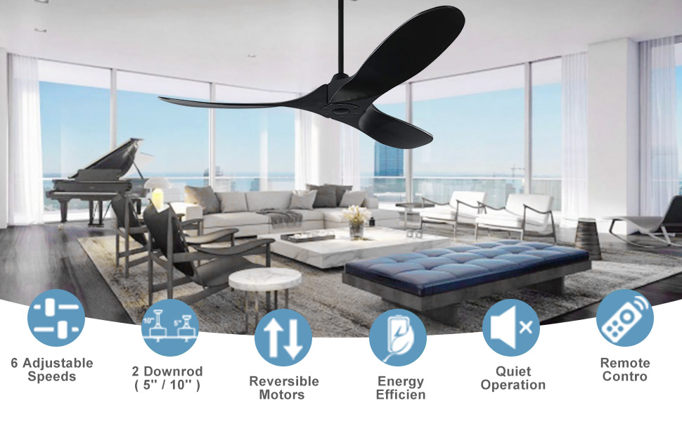 Чорний стельовий вентилятор з дерева (132 см) з пультом керування, тихий, для вологого приміщення