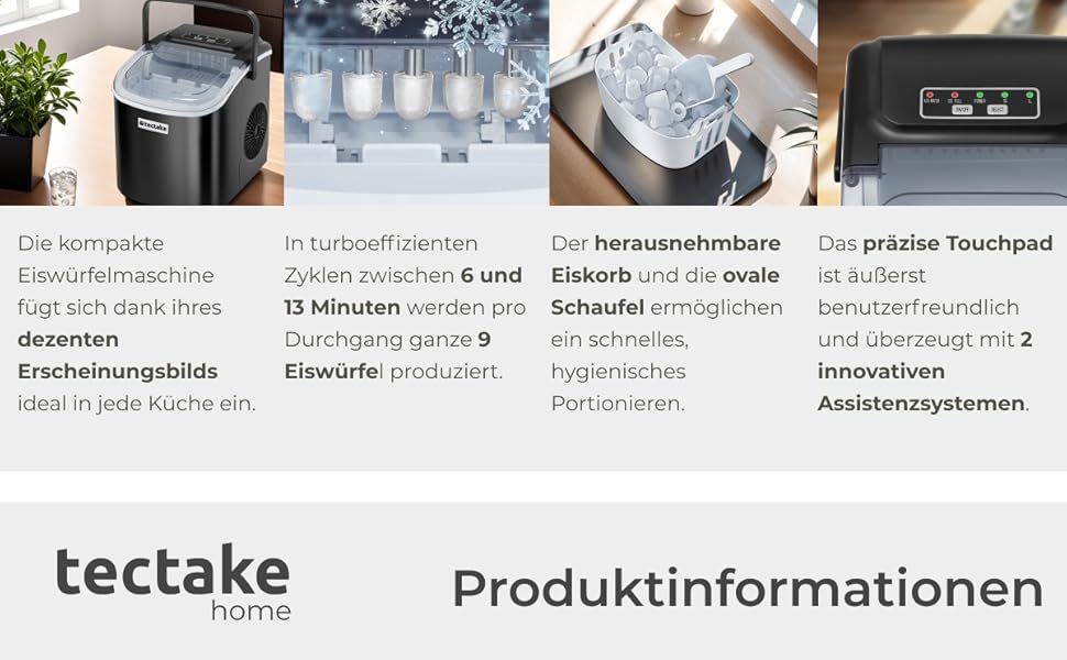 Машина для приготування льоду tectake® - швидке та зручне приготування льоду для дому та бару, чорний колір, 1,2 л, 12 кг/24 год, 2 розміри кубиків льоду, самоочищення, з лопаткою