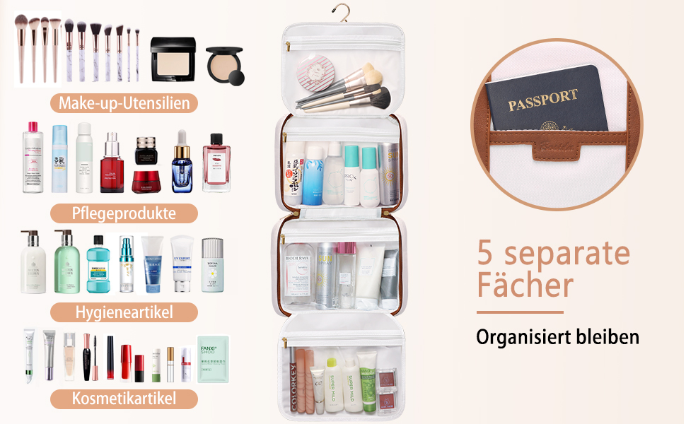 Косметичка для подорожей на підвішування з великою місткістю, 4 відділення, гачок, для жінок, P-beige