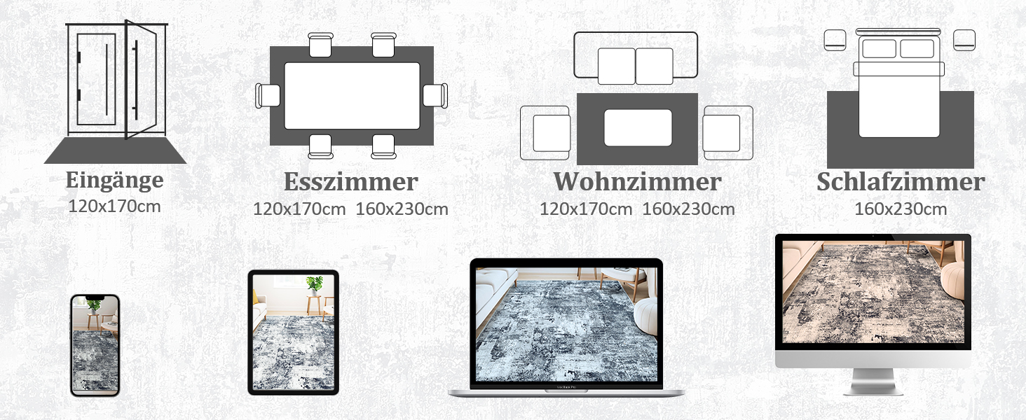Килим для вітальні та спальні 160x230 см, сірий, короткий ворс, абстрактний, вінтажний дизайн, легко миється, не слизький
