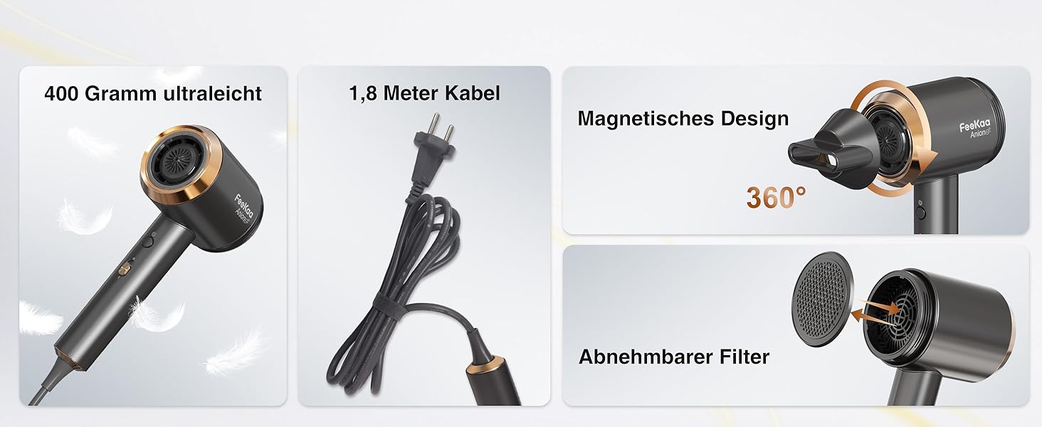 Іонський фен Feekaa з дифузором та магнітною насадкою, для подорожей та кучерявого волосся, 4 температурні режими, матовий чорний