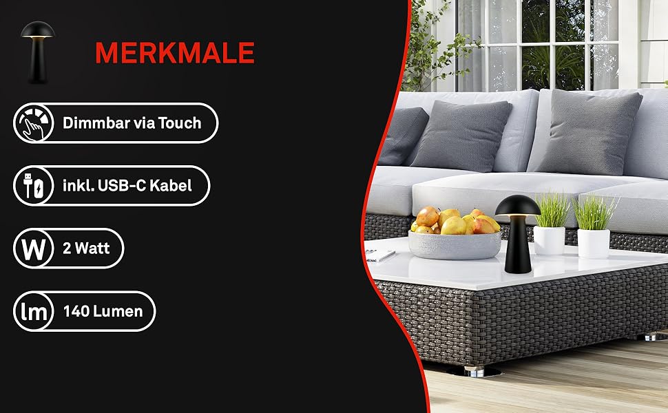 LED-лампа BRILONER настільна бездротова з сенсорним управлінням, диммуванням, теплим білим світлом, 28x16 см (Чорний)