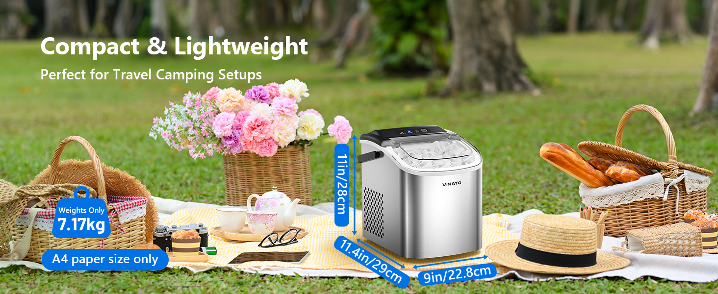 Машина для приготування льоду VINATO, компактна, 9 кубиків за 6-8 хвилин, портативна, продуктивність 12 кг/24 год, тиха робота, з лопаткою та кошиком для кухні, офісу, бару та вечірки, срібна