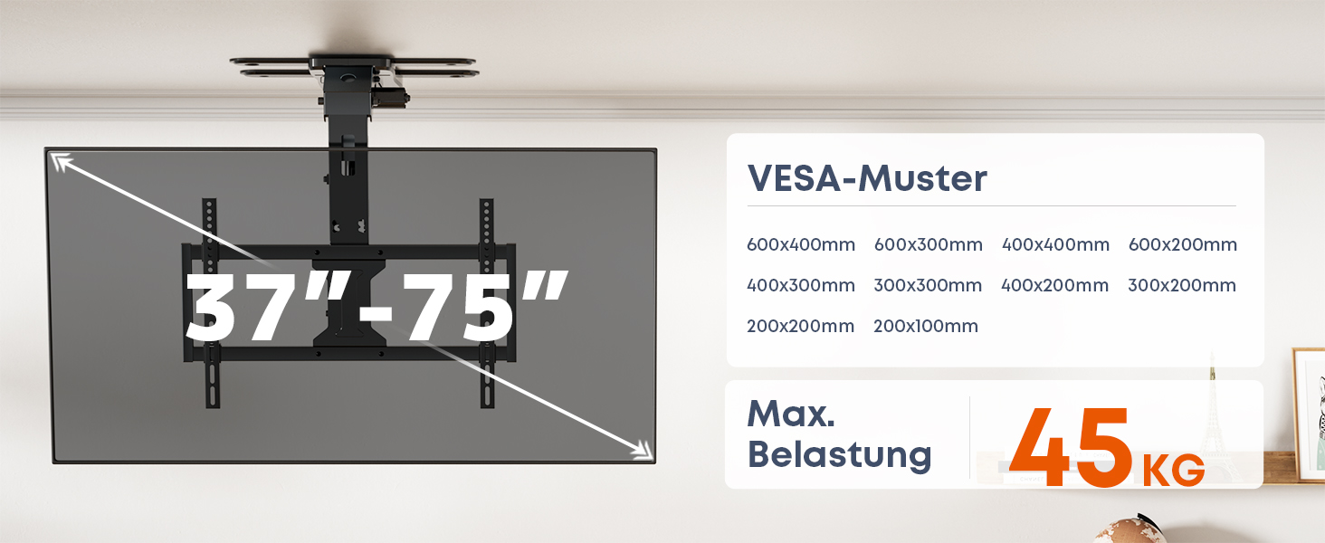 Електричний стельовий кронштейн для телевізора 37-75 дюймів, чорний - похилий, з пультом ДУ, до 45 кг
