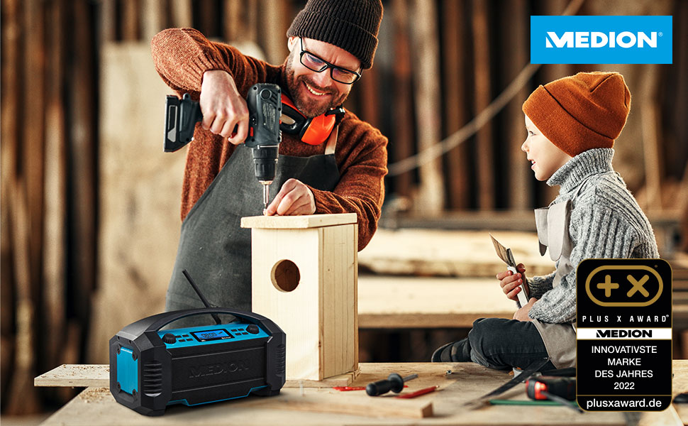 Радіоприймач Medion E66877 DAB+ Baustellenradio: Bluetooth 5.0, DAB+, FM, LED-ліхтар, акумулятор/мережа, водонепроникний (IP44), синій