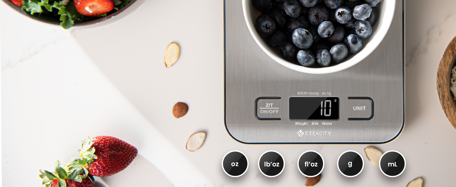 Etekcity Digital Kitchen Scale - 1g Precision, 10kg Capacity, LED Display, Tare Function, USB Rechargeable, Stainless Steel