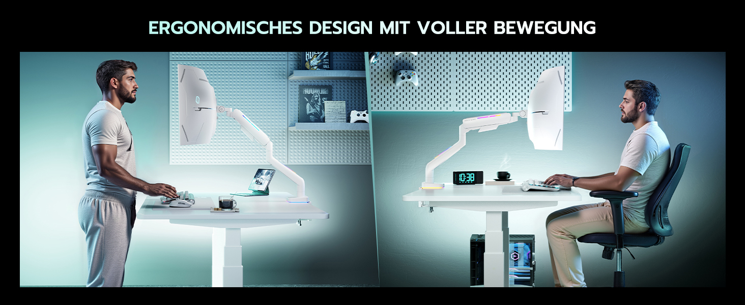 Кріплення для монітора ARES WING RGB - тримач для ігрового монітора, 17-49 дюймів, підходить для важких (20 кг) та вигнутих моніторів, регульована висота, для геймерів (білий)