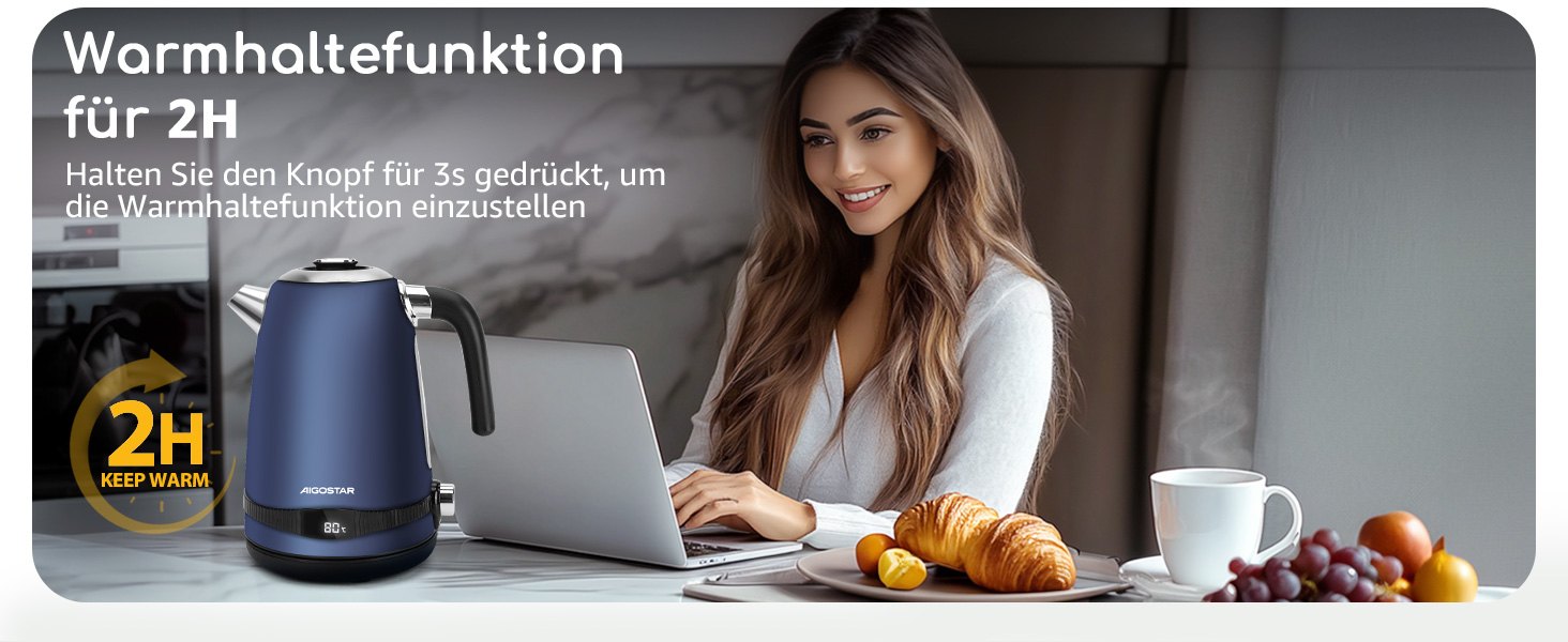 Електричний чайник Aigostar з регулюванням температури, 1,7 л, ретро-дизайн, матове покриття, цифровий дисплей, функція підтримки тепла, без пластику всередині, BPA-free (темно-синій)