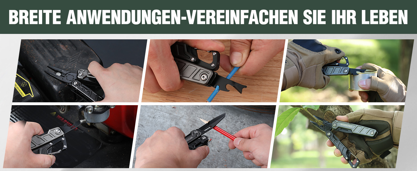 WORKPRO Мультитул 11-в-1: мультиінструмент з нержавіючої сталі з карабіном, плоскогубцями, кабелерізом, відкривачкою для пляшок, викрутками для відпочинку на природі. У комплекті чохол.