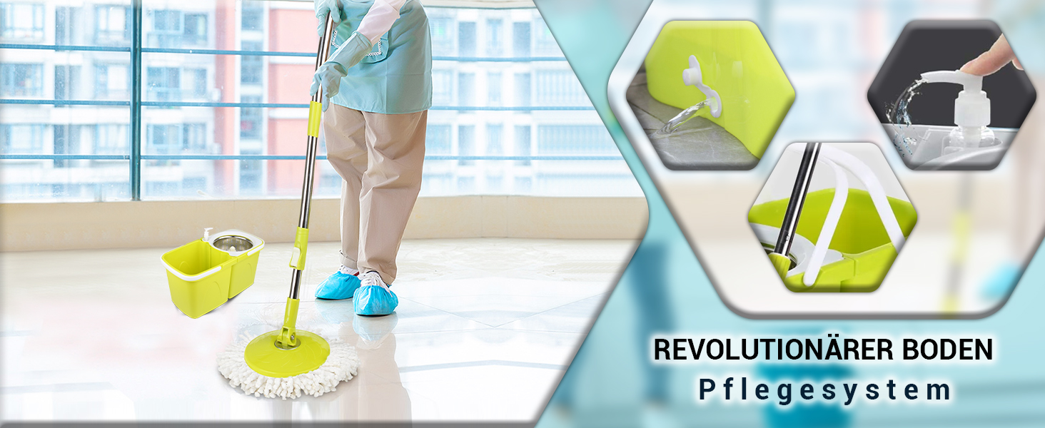 Набір для миття підлоги ARSUK з відром та механічним віджимом – набір для прибирання будинку | Відро для миття підлоги з мікрофіброю та 360° обертанням – ідеально для паркету, плитки та ламінату | 4 змінні насадки та утримувач для швабри з ароматом лимона