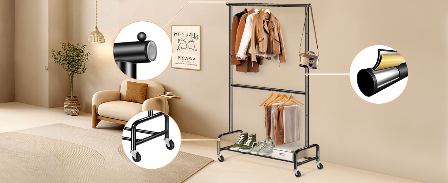 Міссло важкий одяговий вішак на колесах з подвійною перекладиною, металевий, мобільний, для зберігання одягу, чорний, регульований