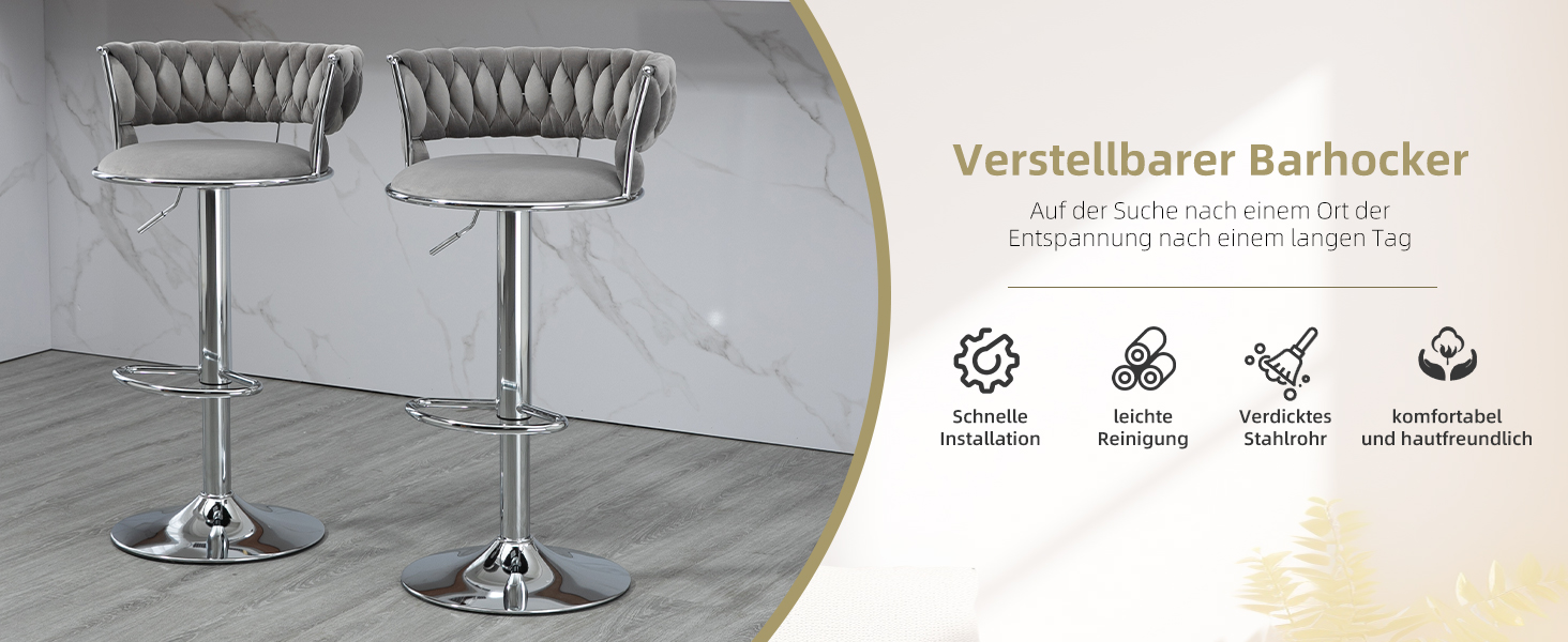 Adjustable Velvet Bar Stools 2-Pack with Backrest & Armrests - Ergonomic Swivel Bar Stools with Handwoven Velvet & Gold Legs for Kitchen Island, Bar, Restaurant - Includes Footrest (Silver, Grey)