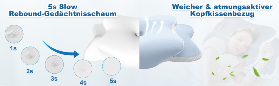 Ортопедична подушка для шиї та голови з Memory Foam, охолоджуючий ефект, для тих, хто спить на боці, спині та животі, знімний чохол (Світло-блакитний)